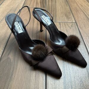 ISAAC Made in Italy Brown Satin Slingback Heels 9B | Fur Pom Vintage Glam